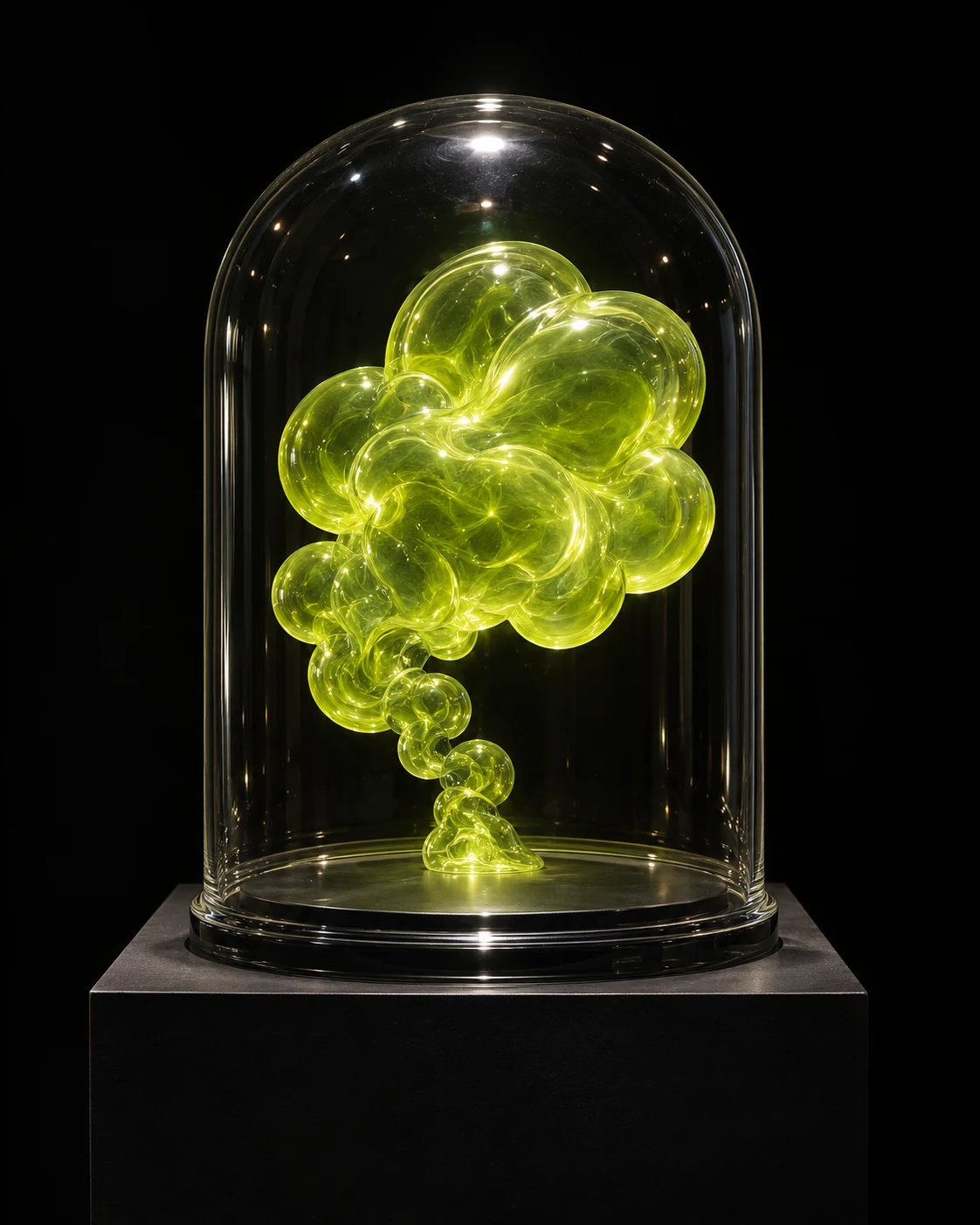 Concept artwork of a lime glass cloud displayed inside a museum bell jar