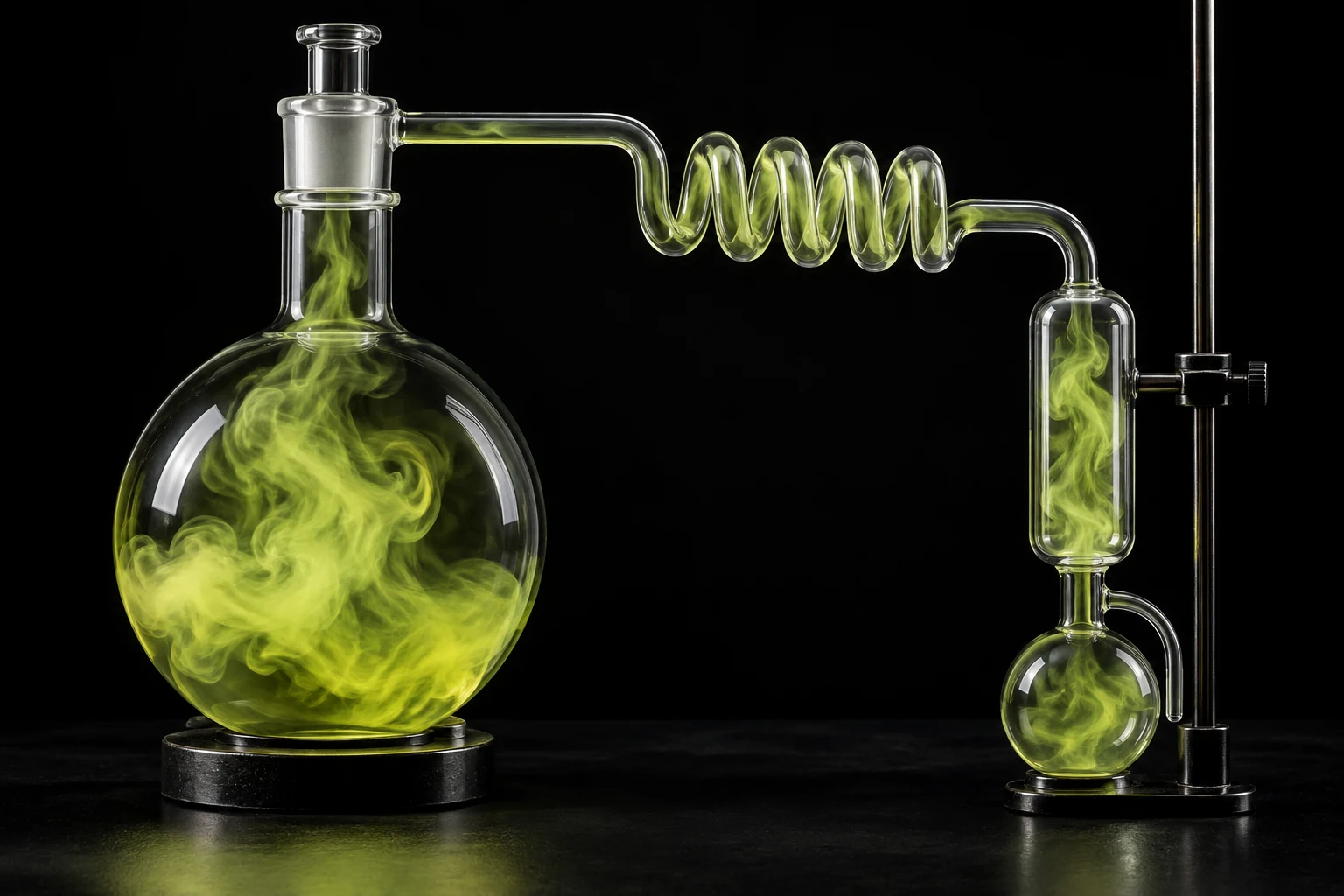 Concept artwork of laboratory glassware containing lime-colored vapor
